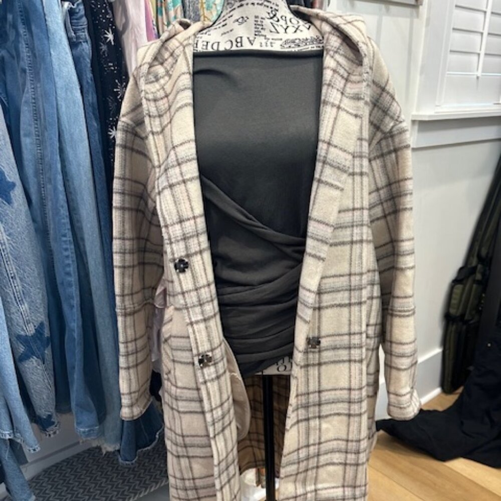 Belle & Bloom Walk this way wool blend hooded plaid pea coat S EUC - Picture 2 of 8